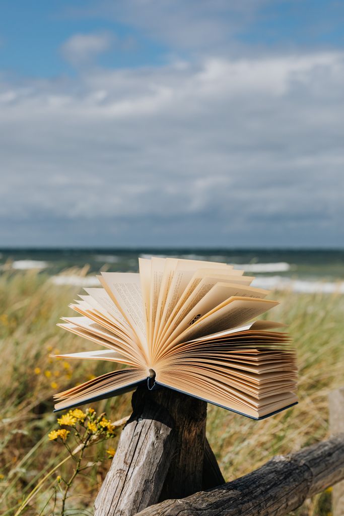 Offenes Buch am Strand als Symbol für Wissen, persönliches Wachstum und lebenslanges Lernen.